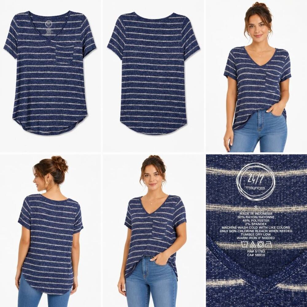 Maurices 24/7 Navy Striped V Neck T Shirt Women’s Small